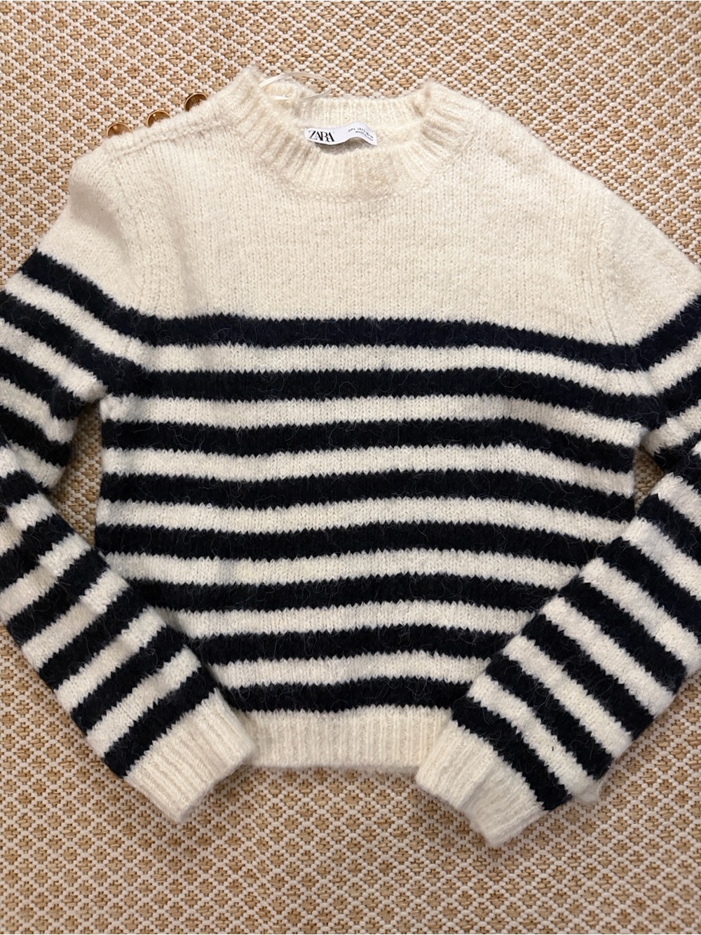 Zara Cream & Black Striped Crewneck Sweater
